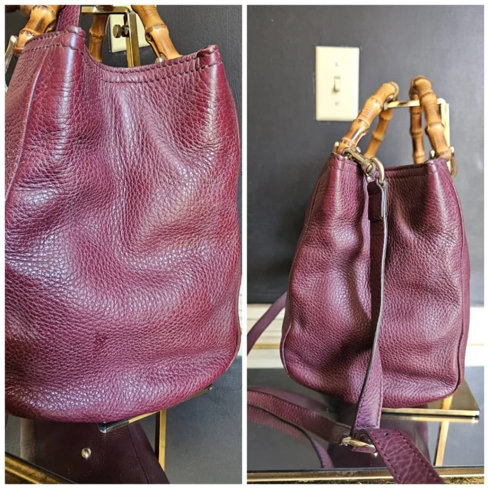 Authentic Gucci Bamboo Shopper Leather Satchel Bag Burgundy